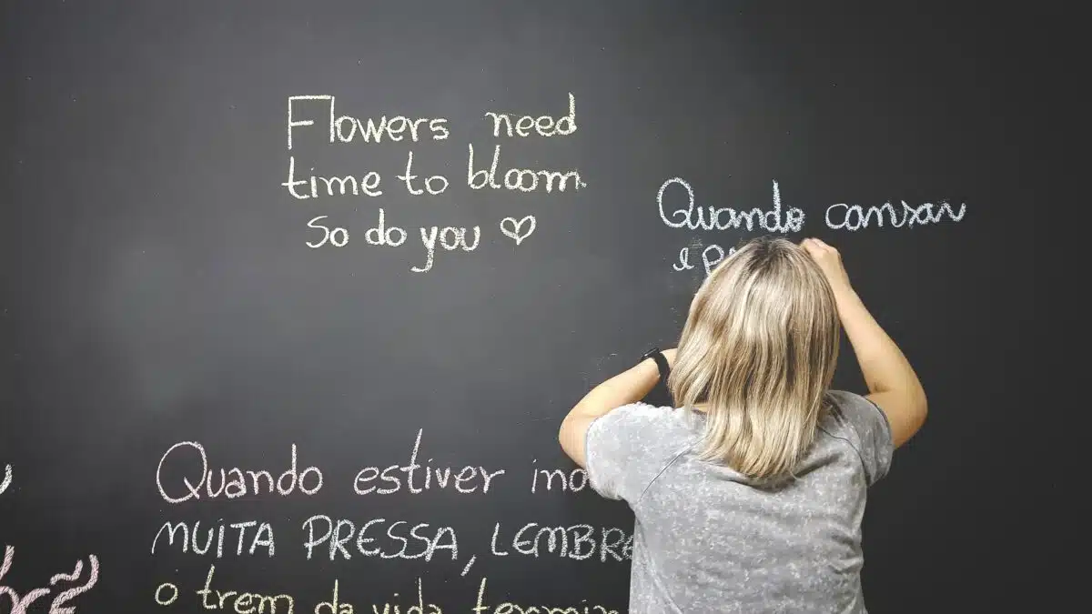 Woman translating words on a blackboard