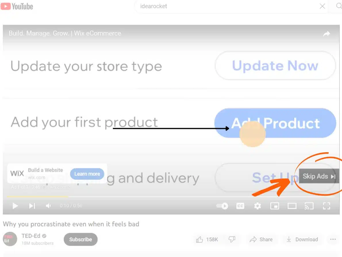 example of a skippable YouTube Ad with an arrow indicating the "skip ads" button. This is one of the 7 major types of YouTube ads