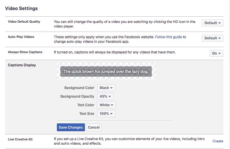 Facebook video caption settings